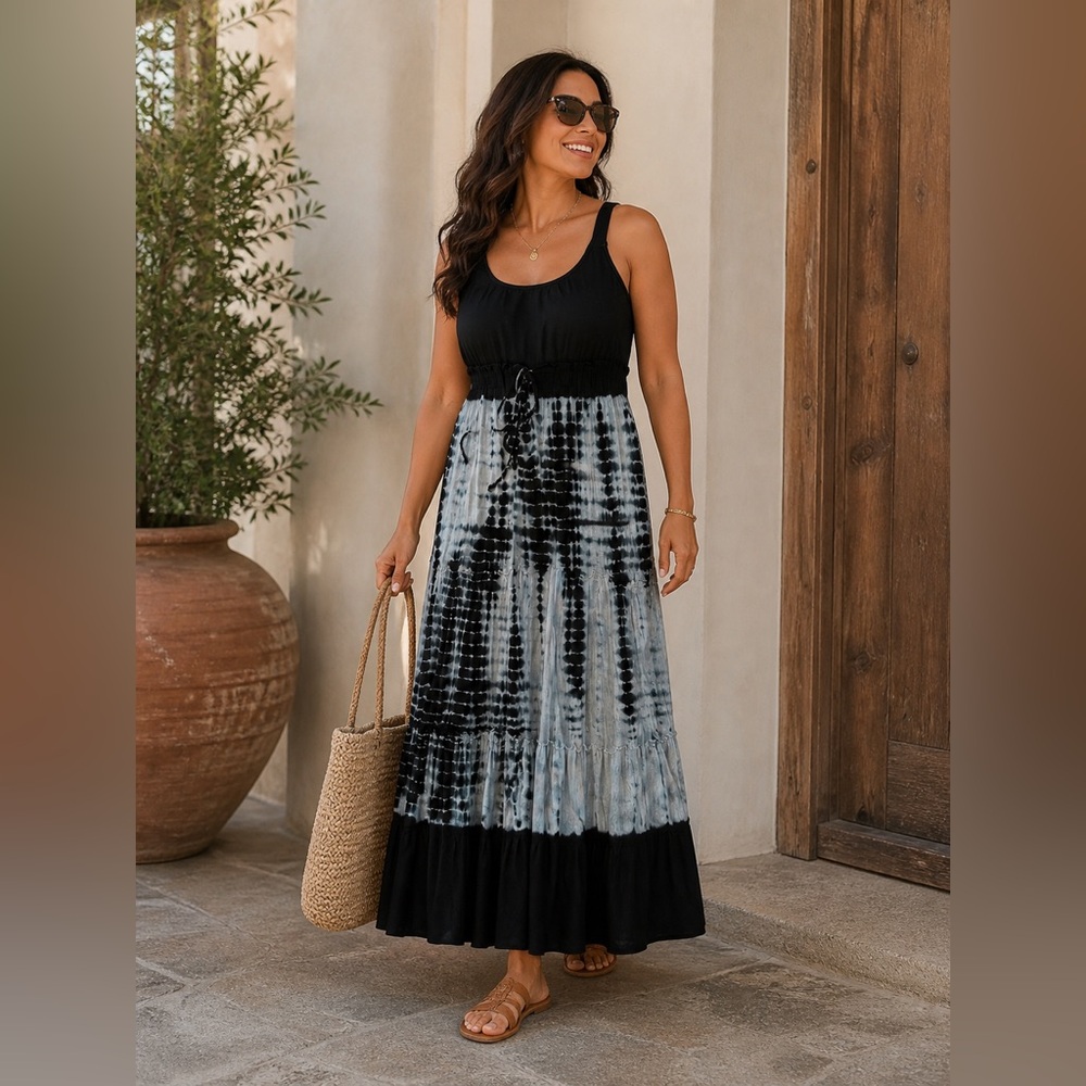 lola Black and Light BlueTie-Dye Bohemian Maxi Sundress Size Large